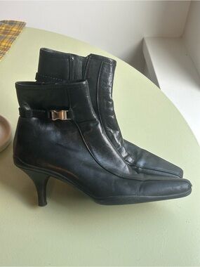 Prada Black Leather Kitten Heel Ankle Booties with Pointed Toe + Silver Buckle
